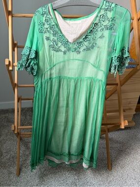Nataya Green Embroidered V-Neck Dress